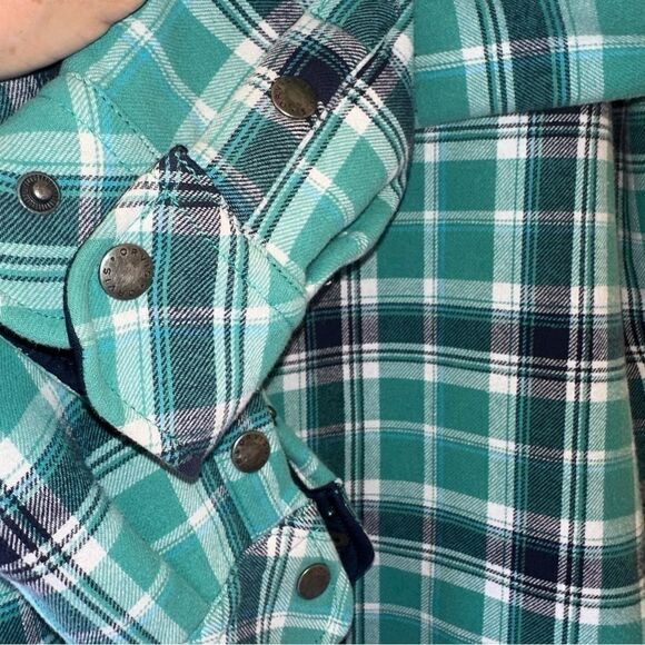Orvis Fleece Lined Plaid Flannel Shirt Jacket Sea Glass Snaps Pockets sz S - Picture 5 of 8